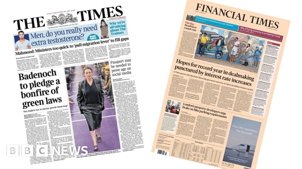 Newspaper headlines: Badenoch's 'bonfire of green laws' and 'Drop in global dealmaking'